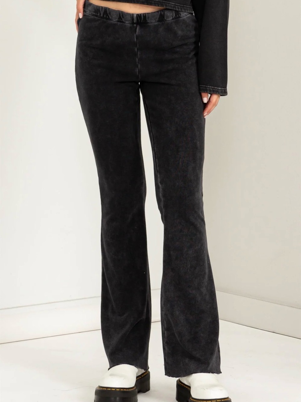 Double Zero Cotton Blend Raw Edge Flare Black Pants